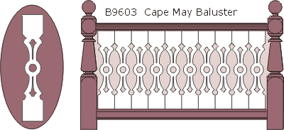 B9603 Cape May flat sawn balusters, railings and 13010 posts