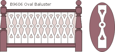 B9606 Oval flat sawn balusters, railings and 13010 posts